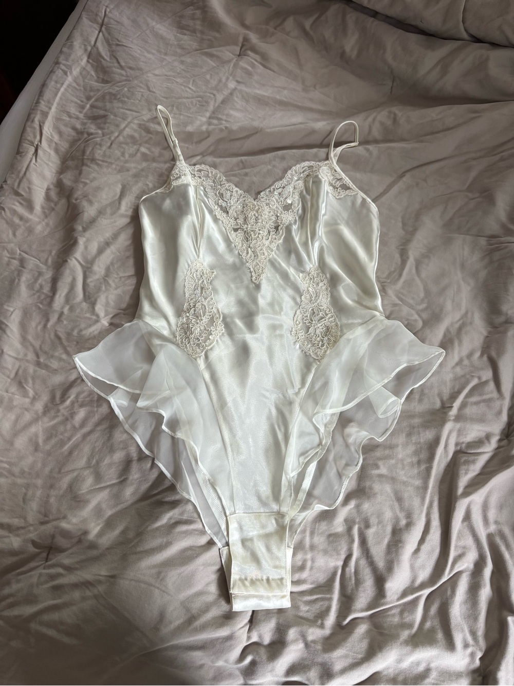 Vintage Victoria's Secret White Satin & Lace Ruffle Bodysuit